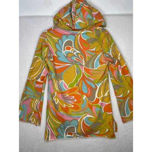 Lucky Brand y2k Bell Sleeve Hoodie Psychedelic Groovy Print VNeck sz S 70s - Picture 3 of 8